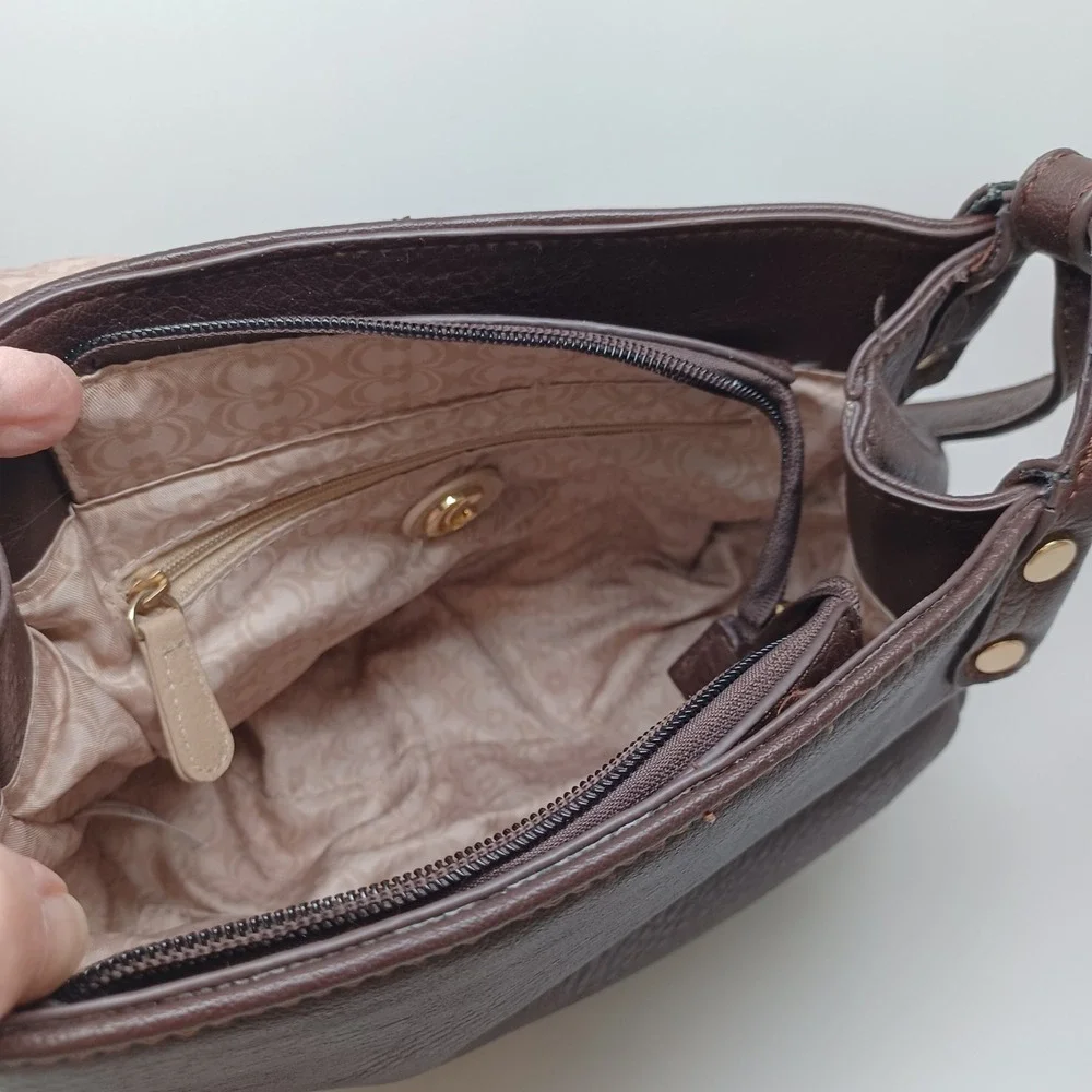 Charming Charlie Brown Pebbled Vegan Leather Saddle Crossbody Bag Whipstitch